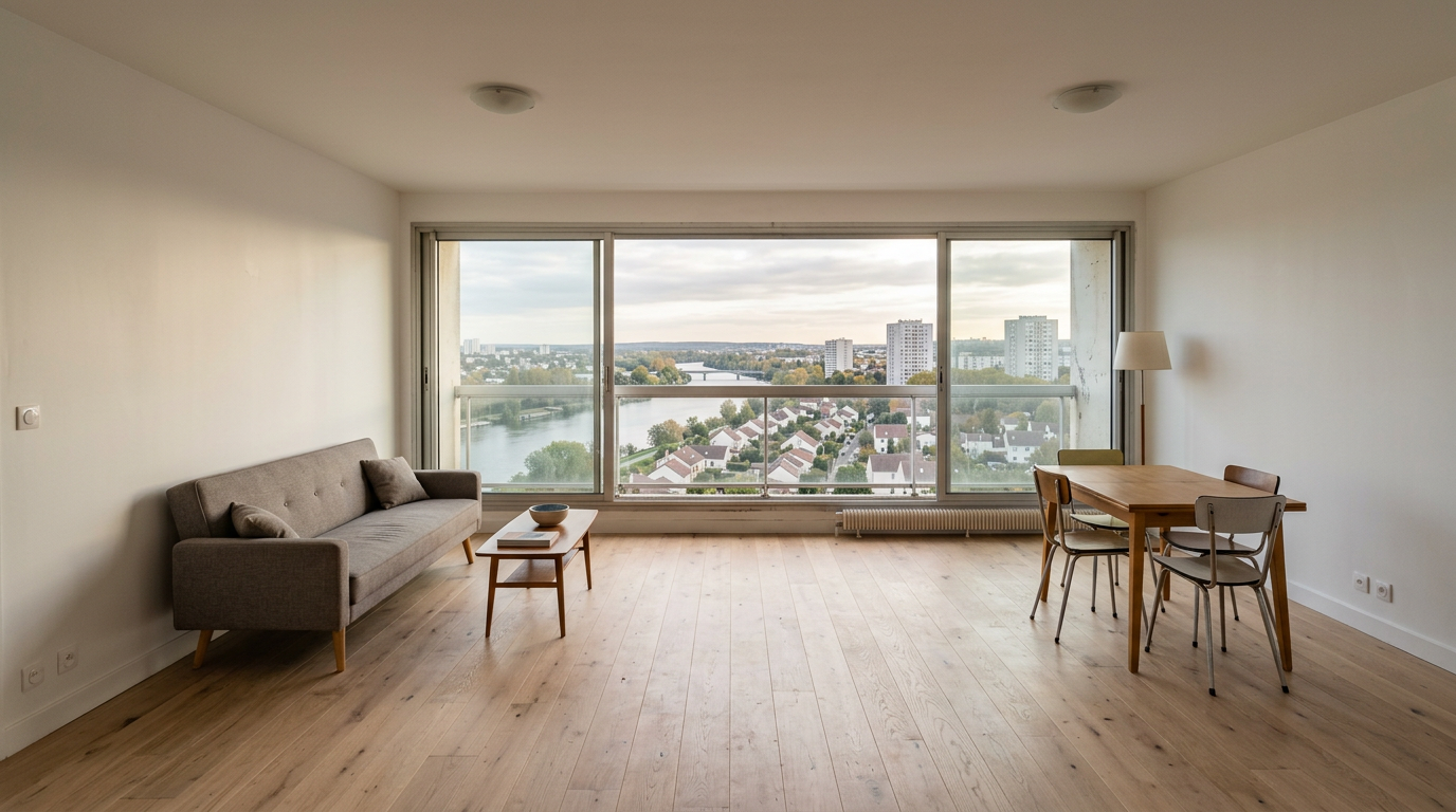 Salon rénové dans une tour d'Argenteuil, lumière de Seine