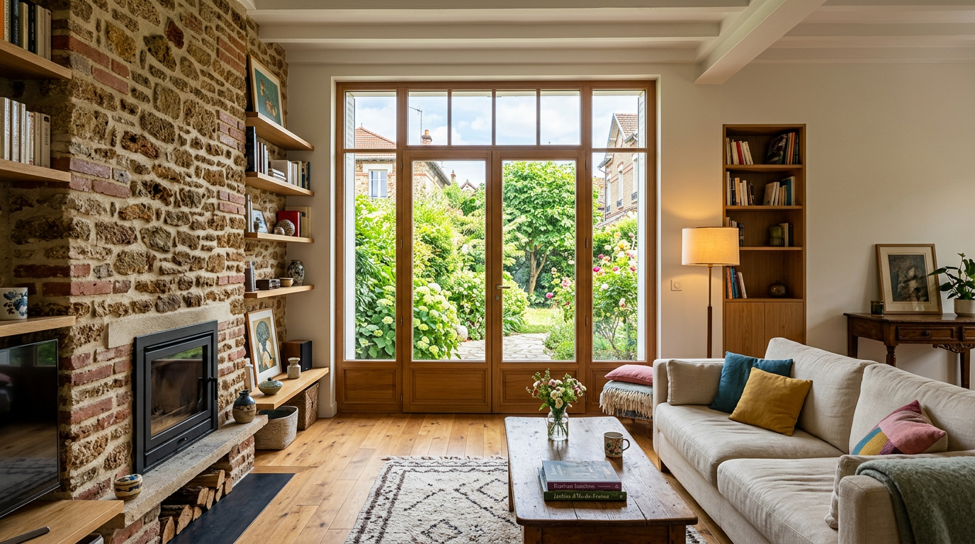 Séjour de pavillon meulière rénové à Bois-Colombes, parquet et jardin