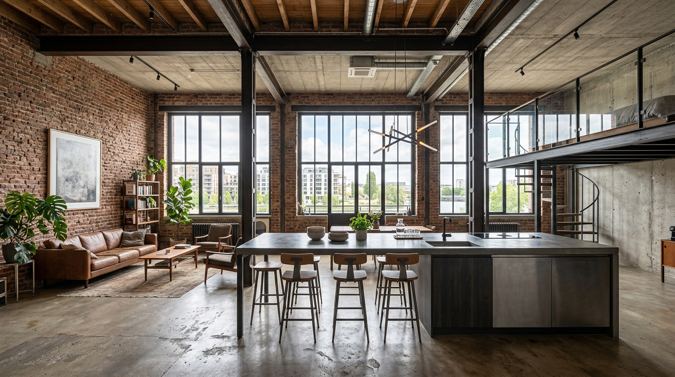 Loft d’entrepôt rénové à Saint-Ouen-sur-Seine, brique et acier