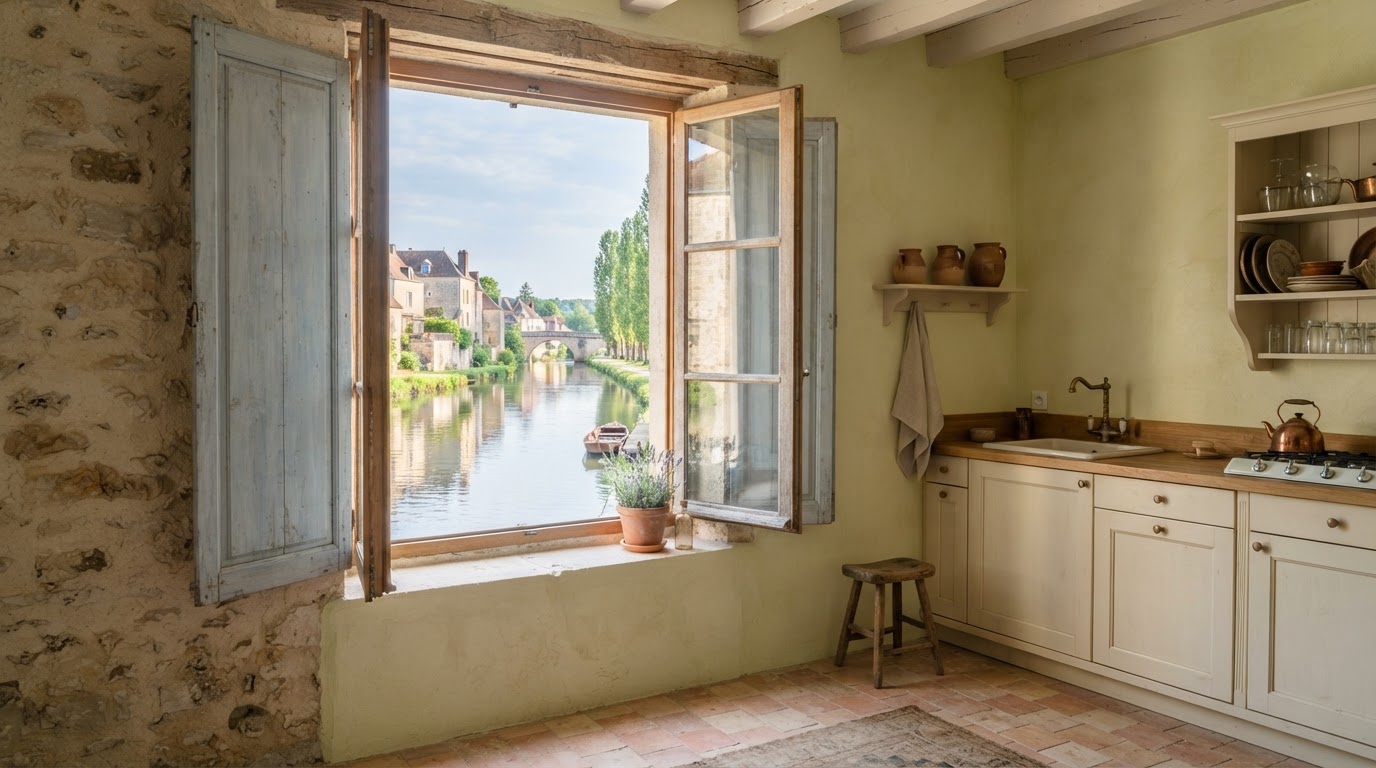 Intérieur de maison en pierre rénové à Moret-Loing-et-Orvanne, volets ouverts sur le Loing