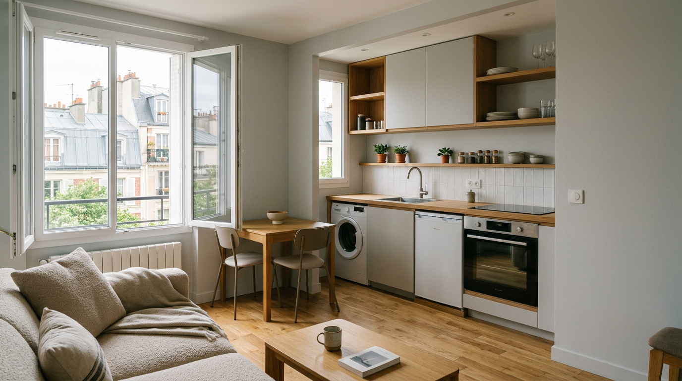 Cuisine ouverte sur séjour dans un appartement dense rénové à Vanves