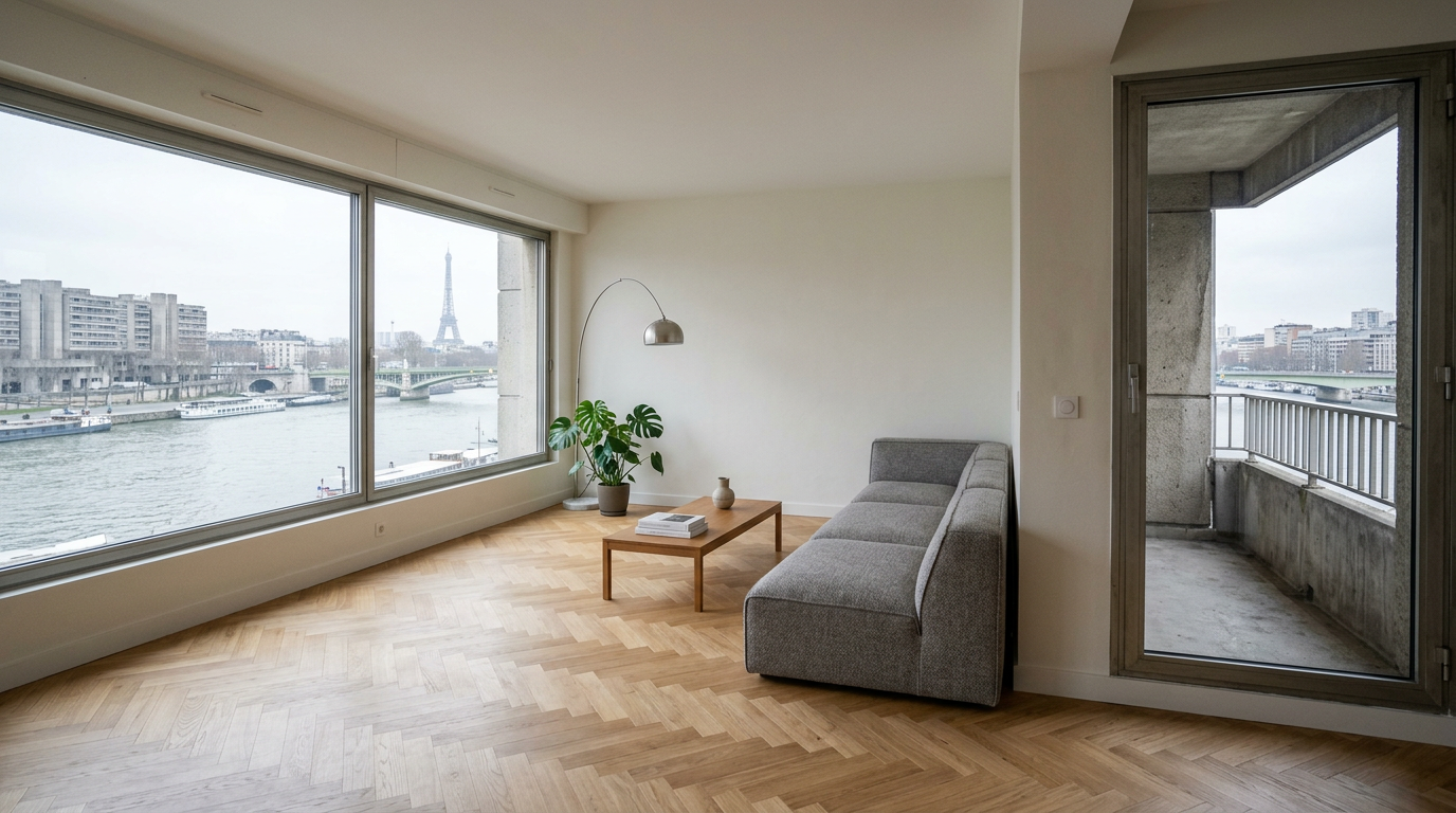 Salon rénové dans une tour en bord de Seine à Alfortville
