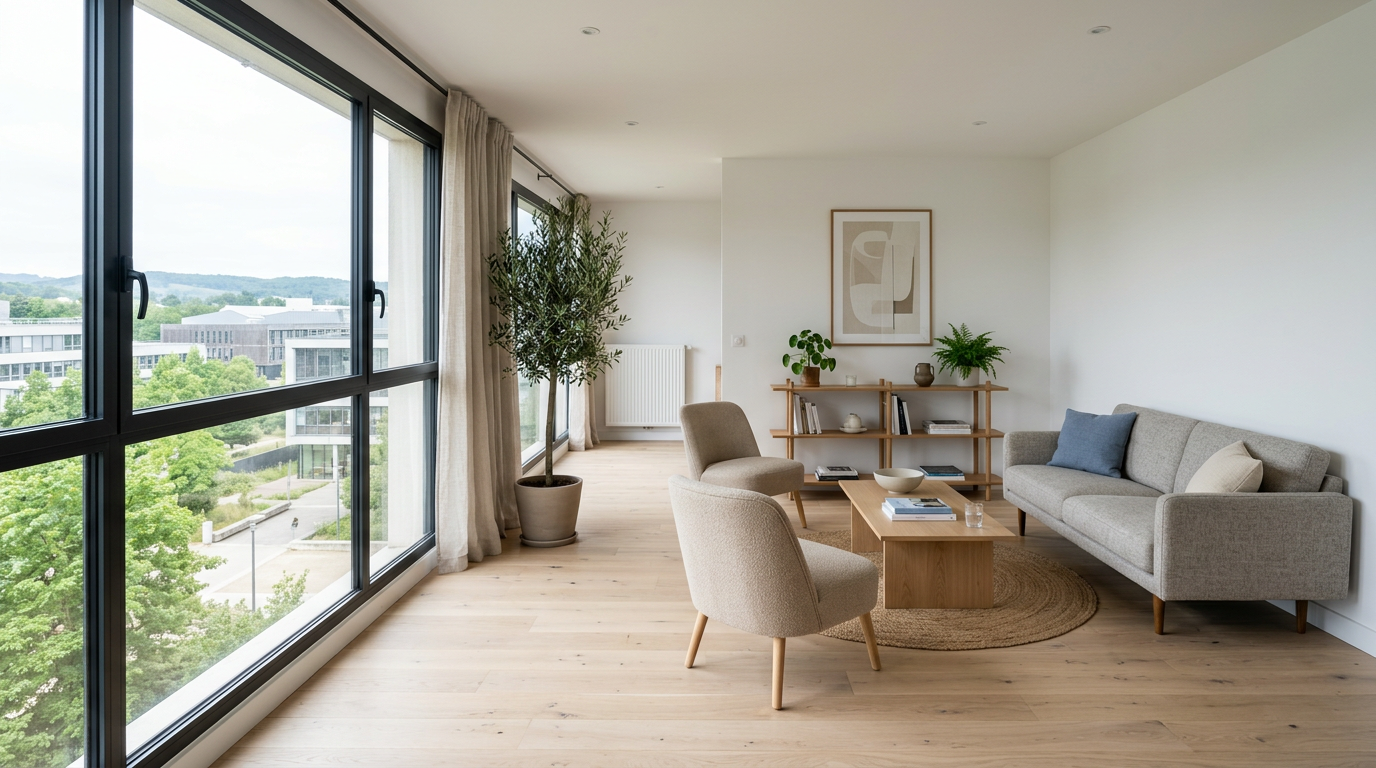 Séjour rénové dans un appartement de Gif-sur-Yvette, lumière de plateau