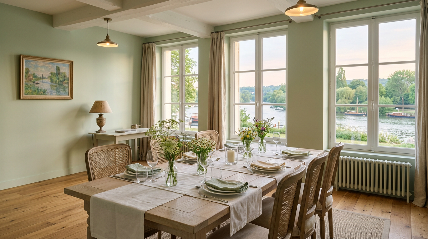 Salle à manger rénovée à Chatou, lumière de Seine et murs vert pâle