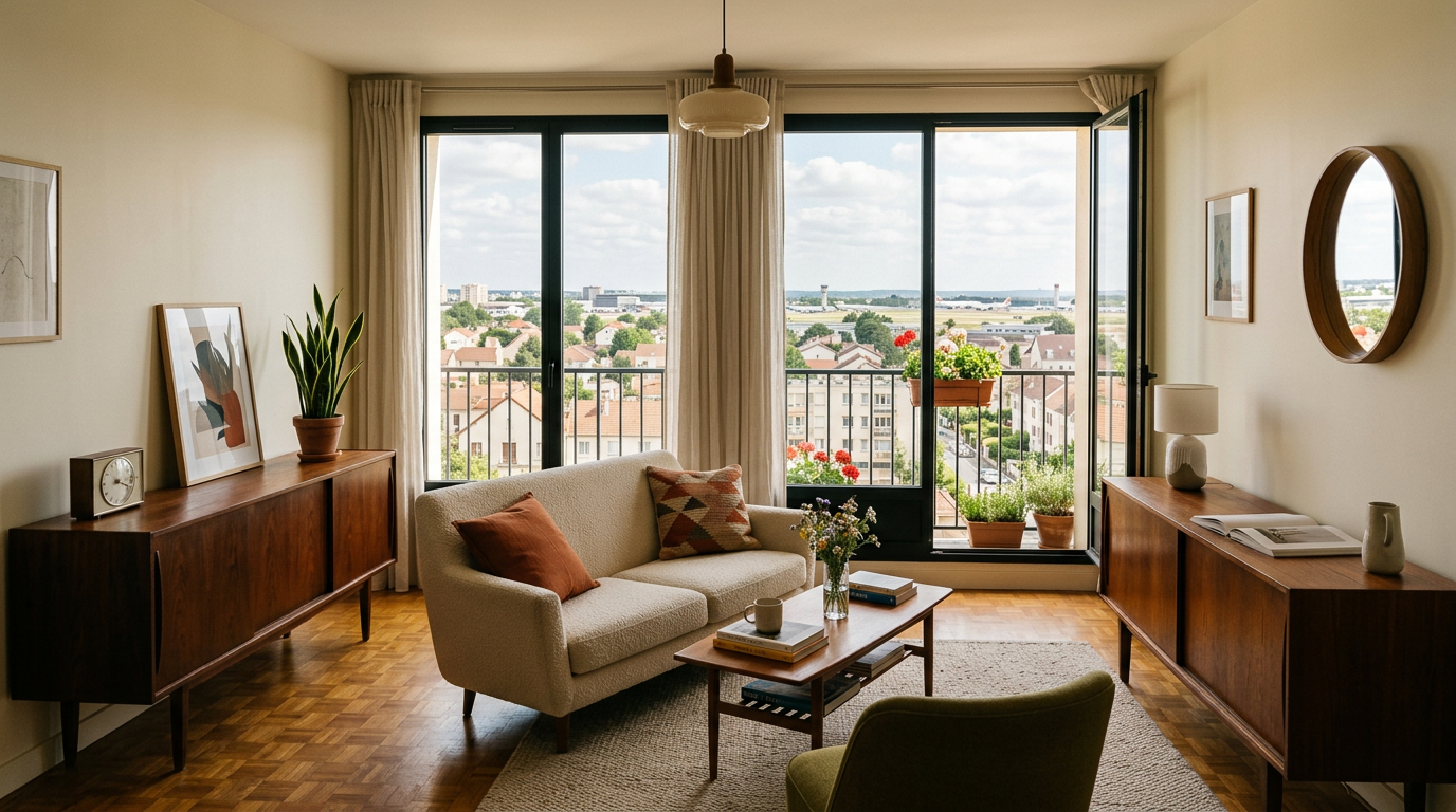 Séjour rénové dans un appartement d'Orly, parquet et lumière du matin
