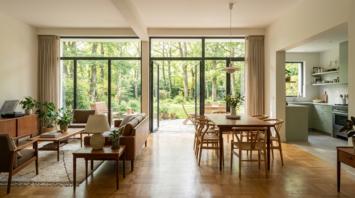 Séjour-salle à manger de pavillon rénové à Draveil, ouvert sur le jardin