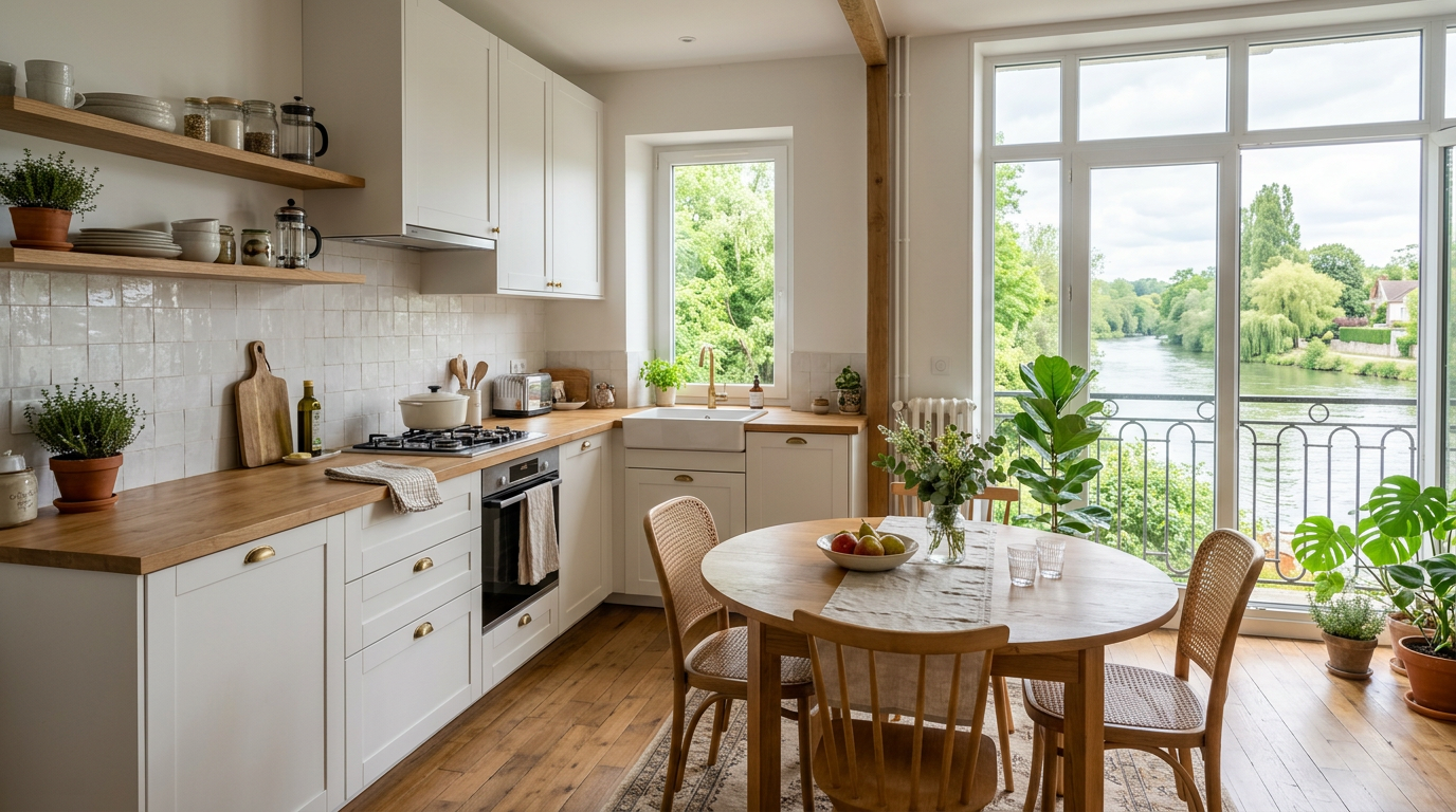 Cuisine rénovée dans un appartement de Dammarie-lès-Lys, lumière de Seine