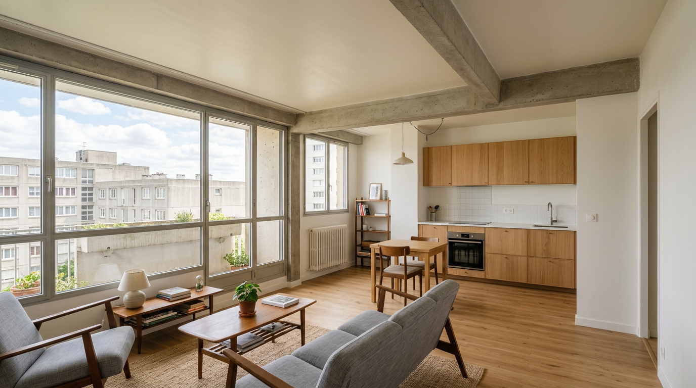 Séjour rénové dans un appartement d'ensemble des années 1950 à Drancy