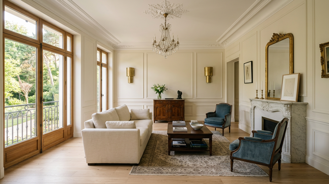 Salon de maison rénové au Chesnay-Rocquencourt, moulures conservées près de Parly 2