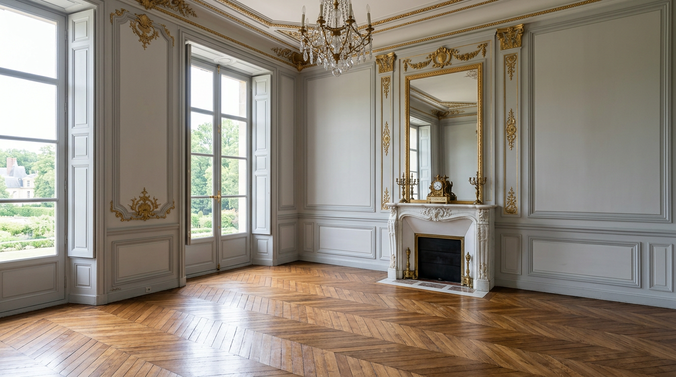 Salon de style Empire rénové à Fontainebleau, parquet à bâtons rompus et cheminée de marbre