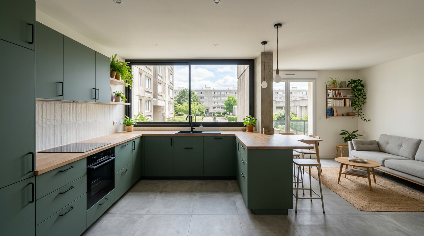 Cuisine-séjour d’appartement rénové à Bobigny
