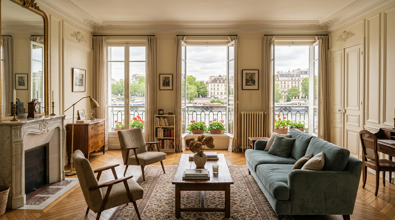 Salon rénové dans un appartement des années 1930 à Asnières-sur-Seine, parquet et moulures