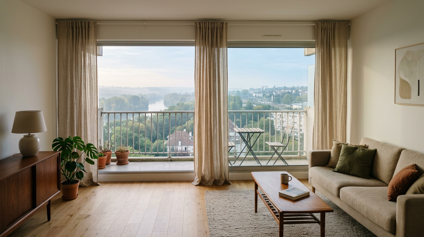 Séjour rénové dans une copropriété du Mée-sur-Seine, balcon et parquet clair