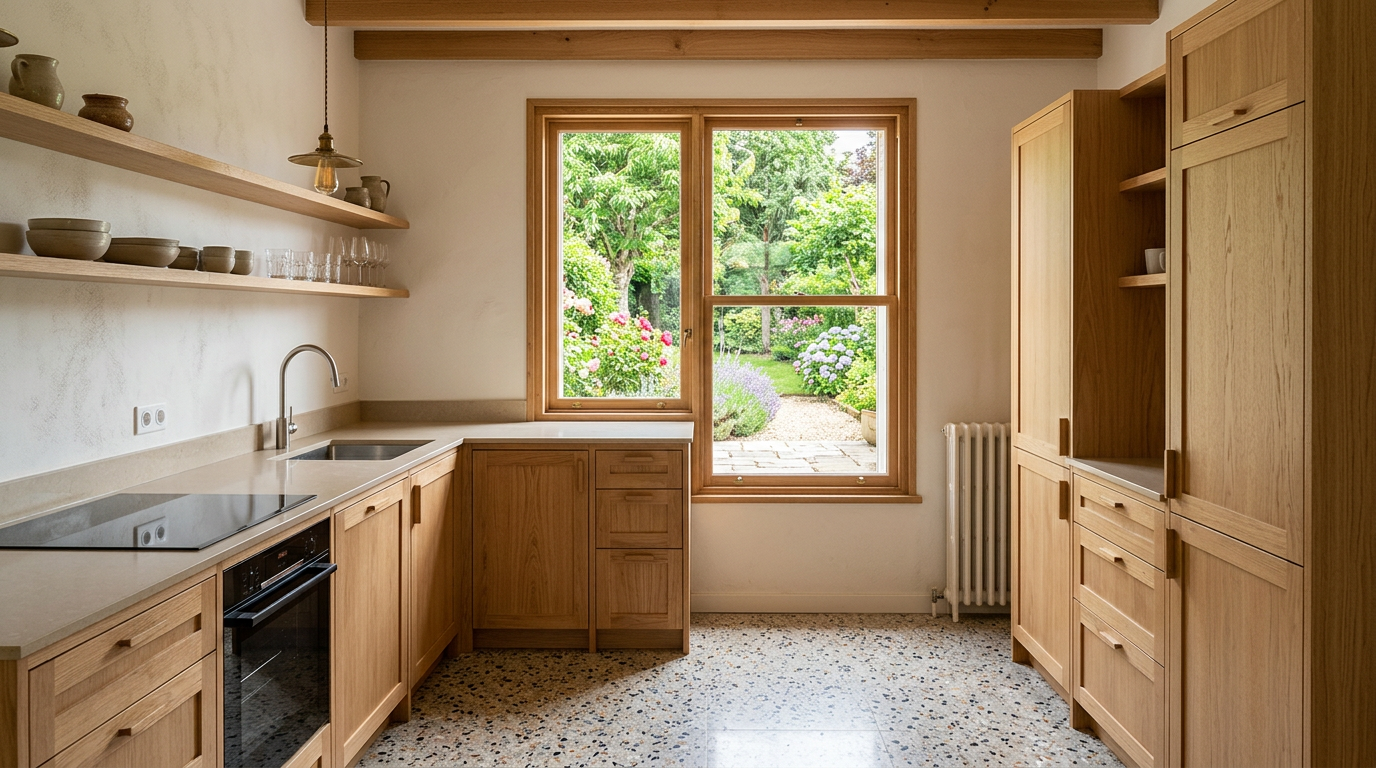 Cuisine rénovée dans un pavillon de Sainte-Geneviève-des-Bois, vue sur jardin