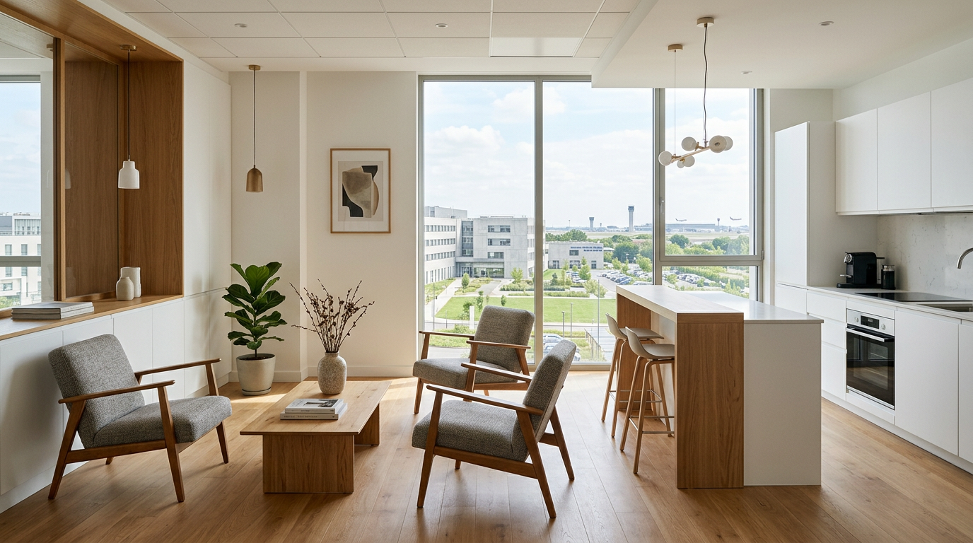 Lounge de bureau rénové à Gonesse, bois clair et vue campus