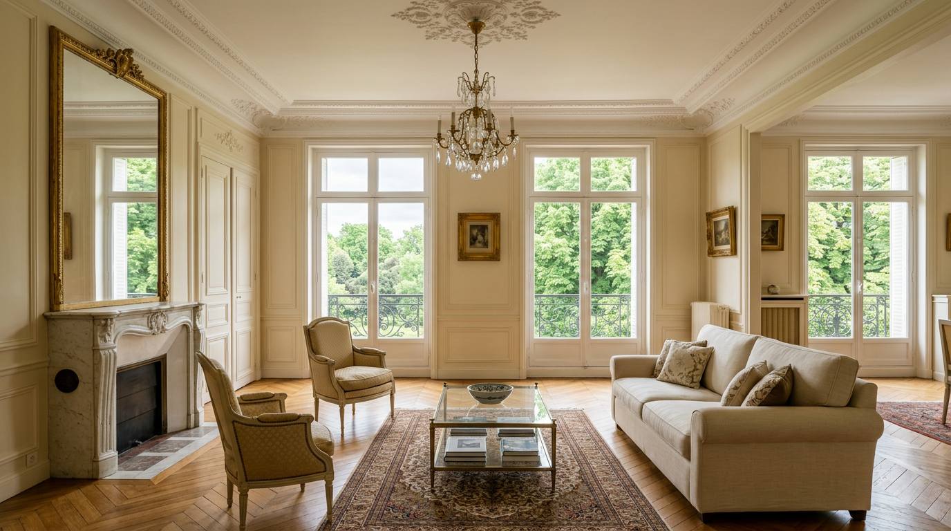 Salon bourgeois rénové à Saint-Cloud, moulures et parquet à bâtons rompus