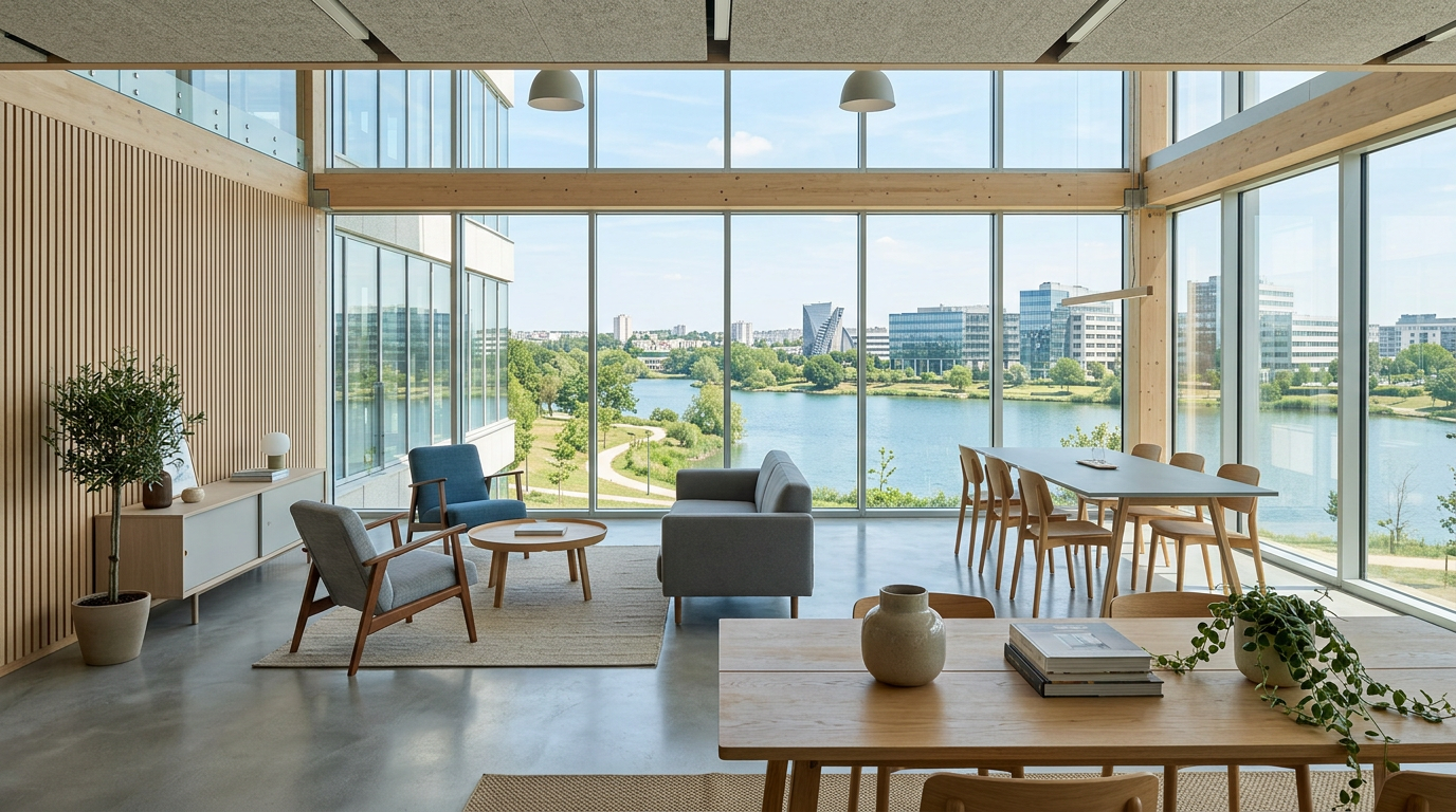 Lounge de bureaux rénové à Montigny-le-Bretonneux, vue sur un lac de Saint-Quentin