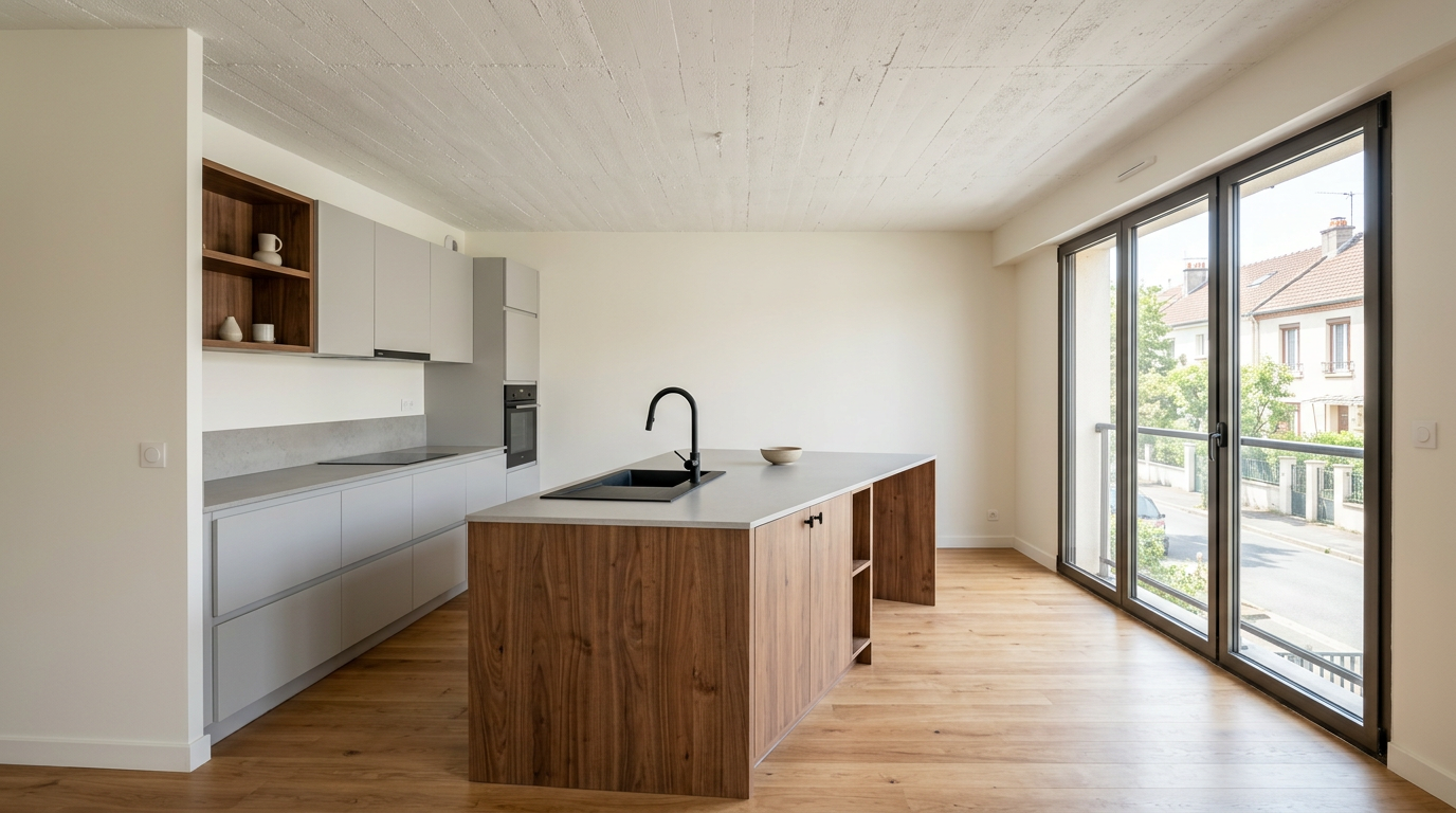 Cuisine ouverte rénovée dans un appartement des années 1970 à Arnouville, îlot bois et plafond blanc
