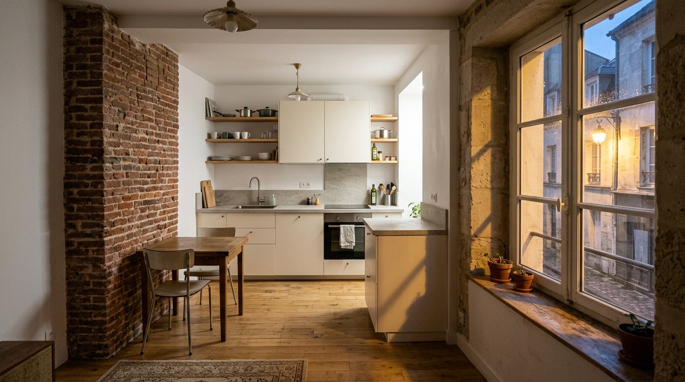 Cuisine rénovée dans un immeuble ancien du centre de Saint-Denis, Seine-Saint-Denis