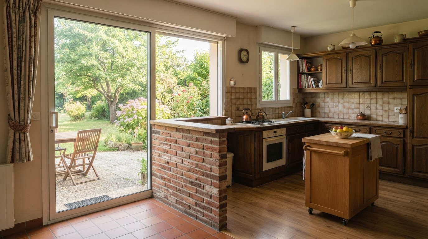 Cuisine de pavillon rénovée à Morangis, ouverte sur le jardin, lumière du matin