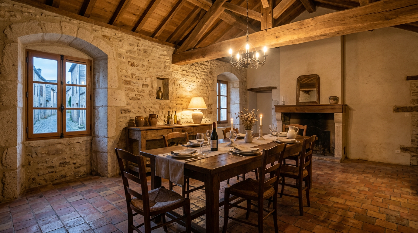 Salle à manger rénovée dans une maison de pierre du centre médiéval d'Étampes